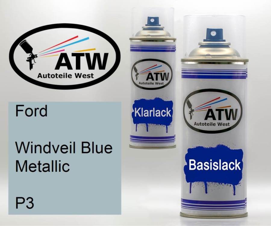 Ford, Windveil Blue Metallic, P3: 400ml Sprühdose + 400ml Klarlack - Set, von ATW Autoteile West.